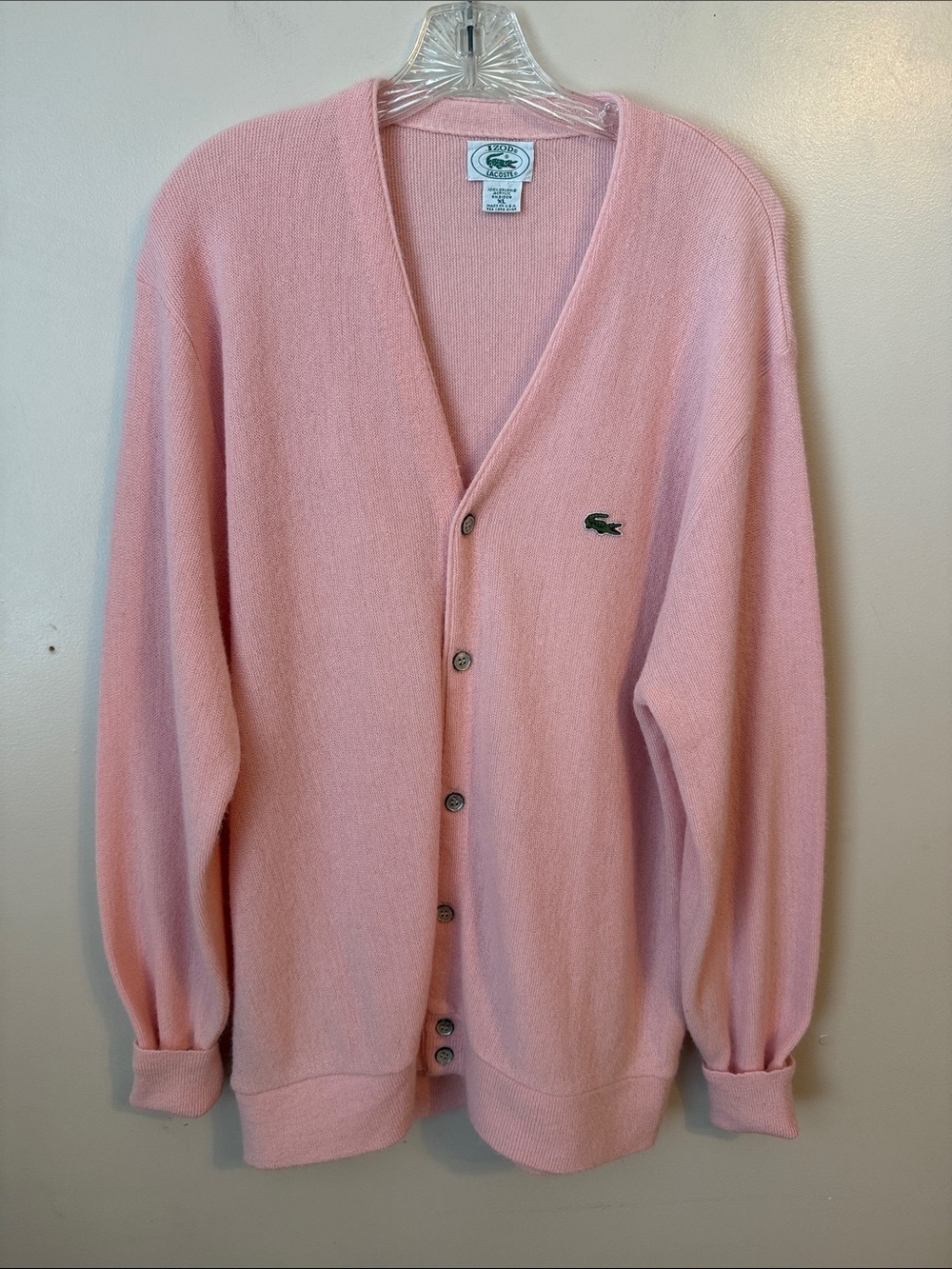 Vintage Izod Lacoste USA Pink Grandpa Orlon Button Front V Neck Cardigan Sweater